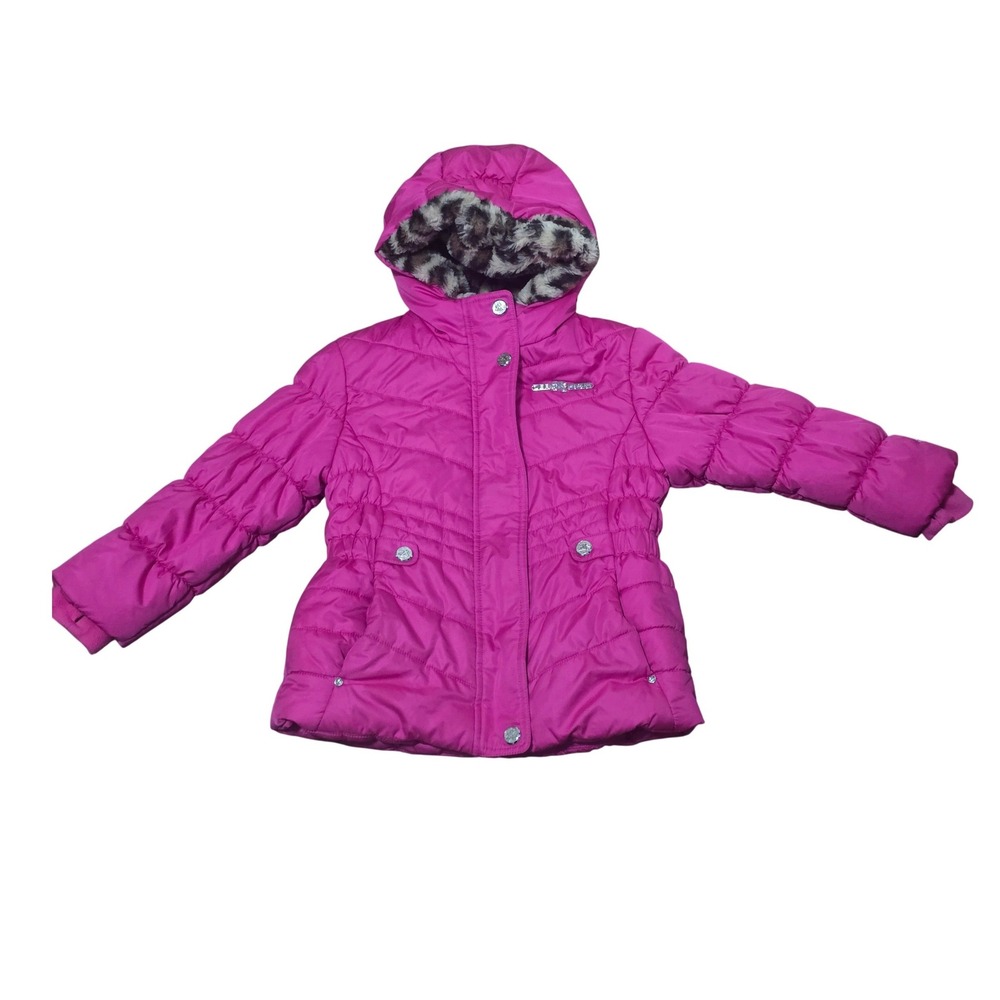 ZeroXposur Girls Hot Pink Puffer Jacket Leopard Faux Fur Hood Fleece Lined 6/6X